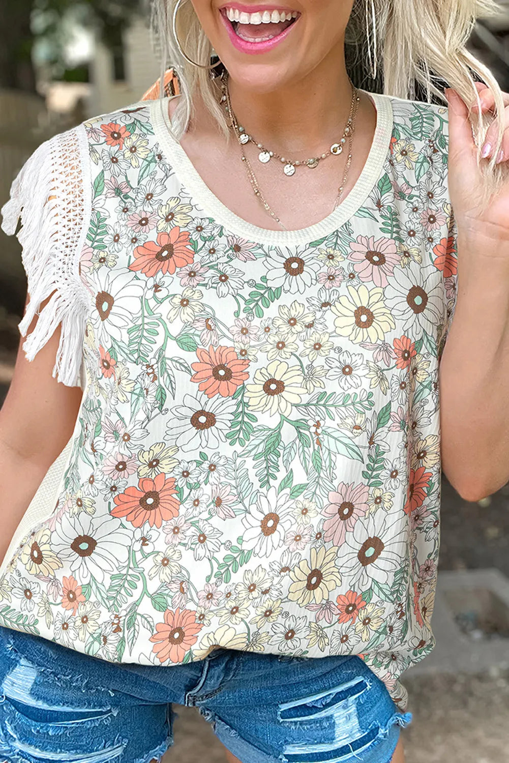 Floral Crinkle - Laced Fringe Crochet Top